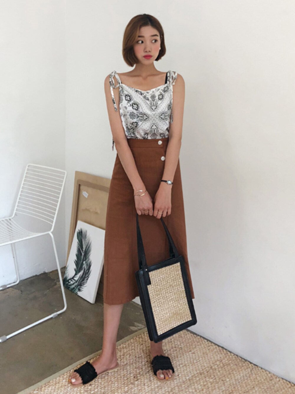 「シンプル、大人カジュアル、ロングスカート、ペイズリー、キャミソール、きれいめカジュアル、ootd、daily look、韓国ブランド、韓国ファッション」｜「ペイズリーリボンキャミT （キャミソール、ホワイト系）」を使った、luvluvme.jpさん（レディース・166cm）の夏コーディネートの1枚目の写真