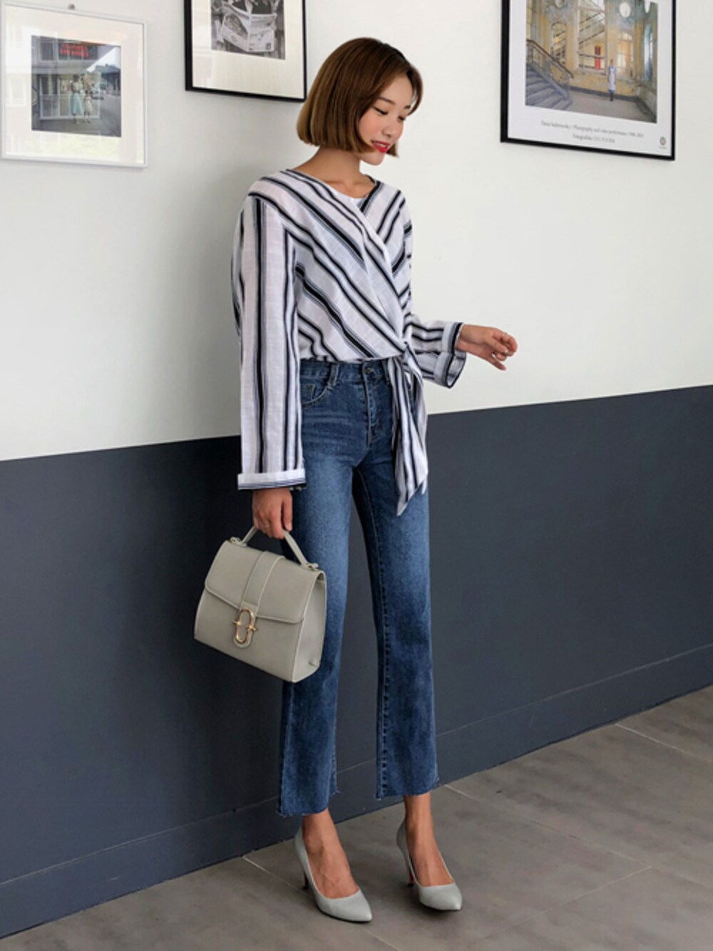 「デニム、ブラウス、シンプル、ストライプ、大人カジュアル、きれいめカジュアル、ootd、daily look、韓国ブランド、韓国ファッション」｜「ストライプメトロBL（シャツ/ブラウス、ホワイト系）」を使った、luvluvme.jpさん（レディース・166cm）の夏コーディネートの1枚目の写真