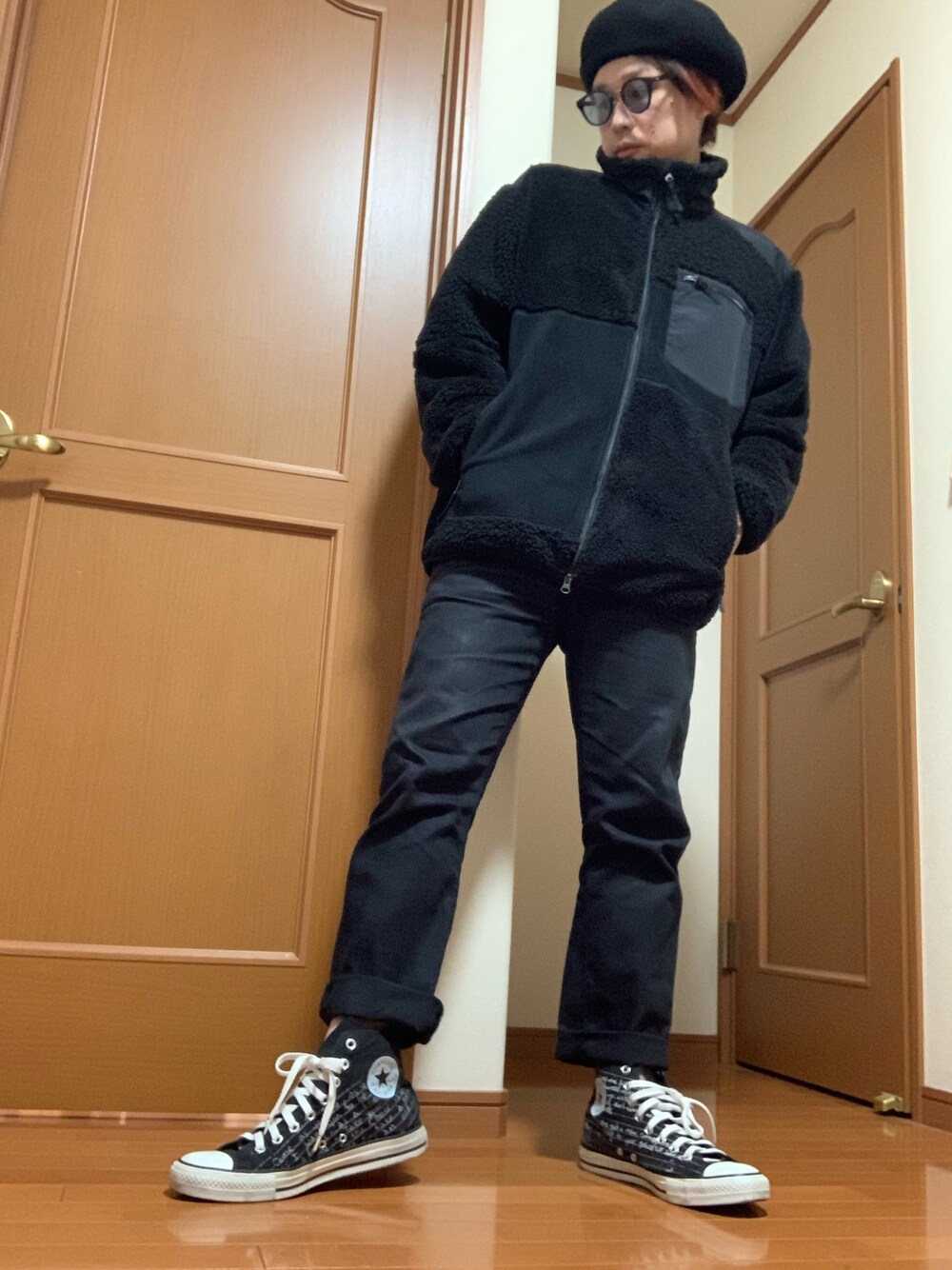 「UNIQLO×Engineered Garments、フリース、converse100th、サンローランパリ、コラボ」｜「Engineered Garments UNIQLOのアイテム（ブルゾン、ブラック系）」を使った、moto miniさん（メンズ・171cm）の秋コーディネートの1枚目の写真