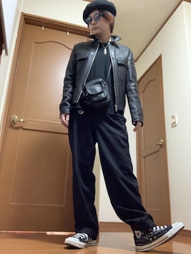 「マルジェラ」｜「アイテム（ライダースジャケット）」を使った、moto miniさん（メンズ・171cm）の冬コーディネート