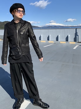 「マルジェラ」｜「アイテム（ライダースジャケット）」を使った、moto miniさん（メンズ・171cm）の冬コーディネート