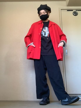 「Yohji Yamamoto（ヨウジヤマモト）のアイテム（ハンチング/ベレー帽）」を使った、moto miniさん（メンズ・171cm）の秋コーディネート