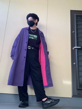 「UNUSED」｜「アイテム（ステンカラーコート）」を使った、moto miniさん（メンズ・171cm）の冬コーディネート