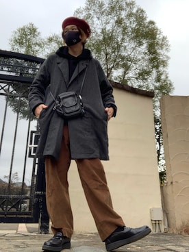 「マルジェラ」｜「アイテム（ノーカラーコート）」を使った、moto miniさん（メンズ・171cm）の冬コーディネート