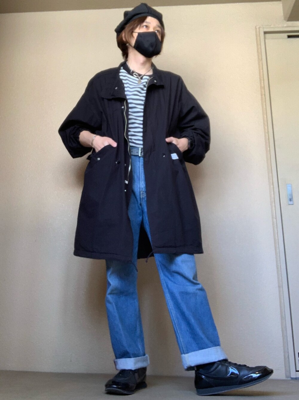 「BEDWIN & THE HEARTBREAKERS、AURALEE、nike×COMME des GARCONS、Rags Mcgregor、yohjiyamamoto、春コーデ、春めきシューズ、ミリタリーコーデ」｜「BEDWINのアイテム（ミリタリージャケット、ブラック系）」を使った、moto miniさん（メンズ・171cm）の春コーディネートの1枚目の写真