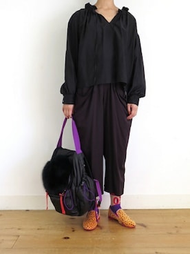 「アイテム（レッグウェア、パープル系）」を使った、Mayさん（レディース・164cm）の秋コーディネート