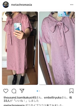 「ボウタイブラウス」｜「アイテム（シャツワンピース）」を使った、メタクロソーイングスクールさん（レディース・156cm）の夏コーディネート