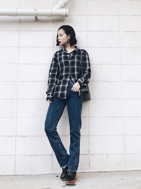 「MOUSSY（マウジー）のWOODEN HEEL BOOTS（ブーツ）」を使った、ARISAさん（レディース・157cm）の冬コーディネート