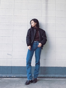 「CLANE（クラネ）のアイテム（MA-1）」を使った、ARISAさん（レディース・157cm）の冬コーディネート