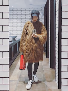 「ファーコート」｜「アイテム（キャスケット）」を使った、ARISAさん（レディース・157cm）の冬コーディネート