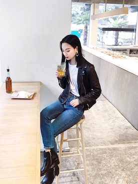 「HARE（ハレ）のアイテム（ライダースジャケット）」を使った、ARISAさん（レディース・157cm）の秋コーディネート