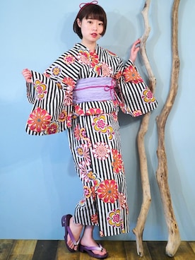 「アイテム（浴衣、ブラック系）」を使った、アンココンさん（レディース・159cm）の春コーディネート