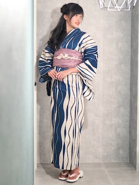 「アイテム（水着/着物・浴衣、ブルー系）」を使った、アンココンさん（レディース・163cm）の春コーディネート