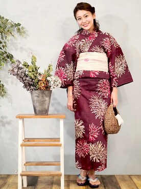 「アイテム（浴衣、レッド系）」を使った、アンココンさん（レディース・160cm）の春コーディネート