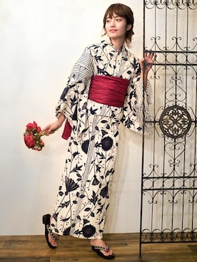 「アイテム（浴衣）」を使った、アンココンさん（レディース・163cm）の春コーディネート