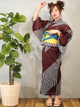 「アイテム（水着/着物・浴衣、ブラウン系）」を使った、アンココンさん（レディース・163cm）の春コーディネート