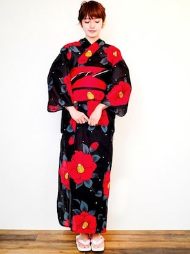 「アイテム（浴衣、ブラック系）」を使った、アンココンさん（レディース・163cm）の春コーディネート