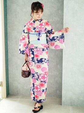「アイテム（水着/着物・浴衣、ブルー系）」を使った、アンココンさん（レディース・160cm）の夏コーディネート