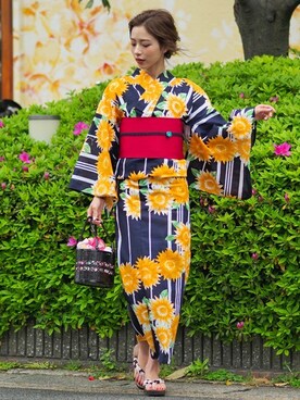 「アイテム（水着/着物・浴衣、ブルー系）」を使った、アンココンさん（レディース・160cm）の夏コーディネート