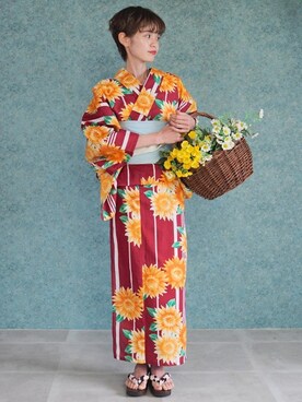 「アイテム（水着/着物・浴衣、レッド系）」を使った、アンココンさん（レディース・160cm）の夏コーディネート