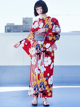 「アイテム（浴衣、レッド系）」を使った、アンココンさん（レディース・158cm）の夏コーディネート