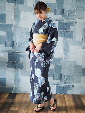 「アイテム（水着/着物・浴衣、ブルー系）」を使った、アンココンさん（レディース・164cm）の夏コーディネート