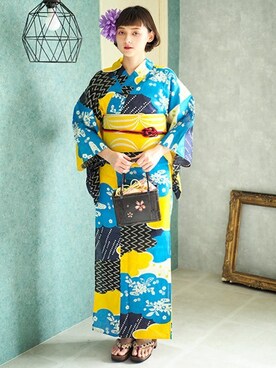 「アイテム（水着/着物・浴衣、ブルー系）」を使った、アンココンさん（レディース・166cm）の夏コーディネート