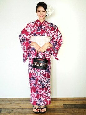 「アイテム（浴衣、レッド系）」を使った、アンココンさん（レディース・160cm）の夏コーディネート