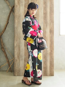 「アイテム（浴衣、ブラック系）」を使った、アンココンさん（レディース・158cm）の夏コーディネート