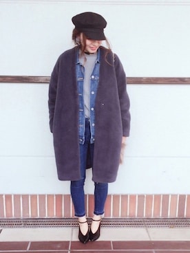 「JEANASIS（ジーナシス）のノーカラーコート」を使った、MIKUさん（レディース・158cm）の冬コーディネート