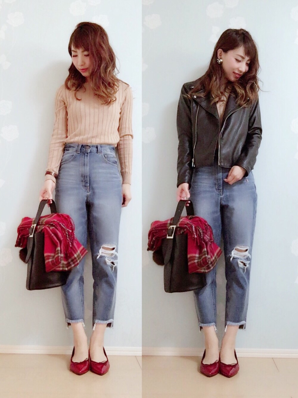 「きれいめカジュアル、ライダース、GU、UNIQLO、プチプラ、JELLY BEANS、もんげー岡山会、赤パンプス」｜「ﾅﾐﾉｵﾄのアイテム（ピアス（両耳用）、その他）」を使った、MIKUさん（レディース・158cm）の冬コーディネートの1枚目の写真