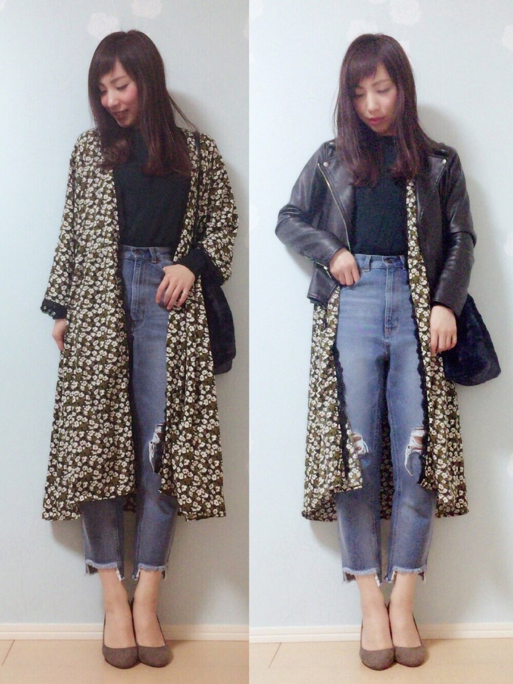 ブラック系のライダースジャケット、ブルー系のカーディガン/ボレロ、グリーン系のニット/セーターを着用したレディースの冬コーディネートの1枚目の写真