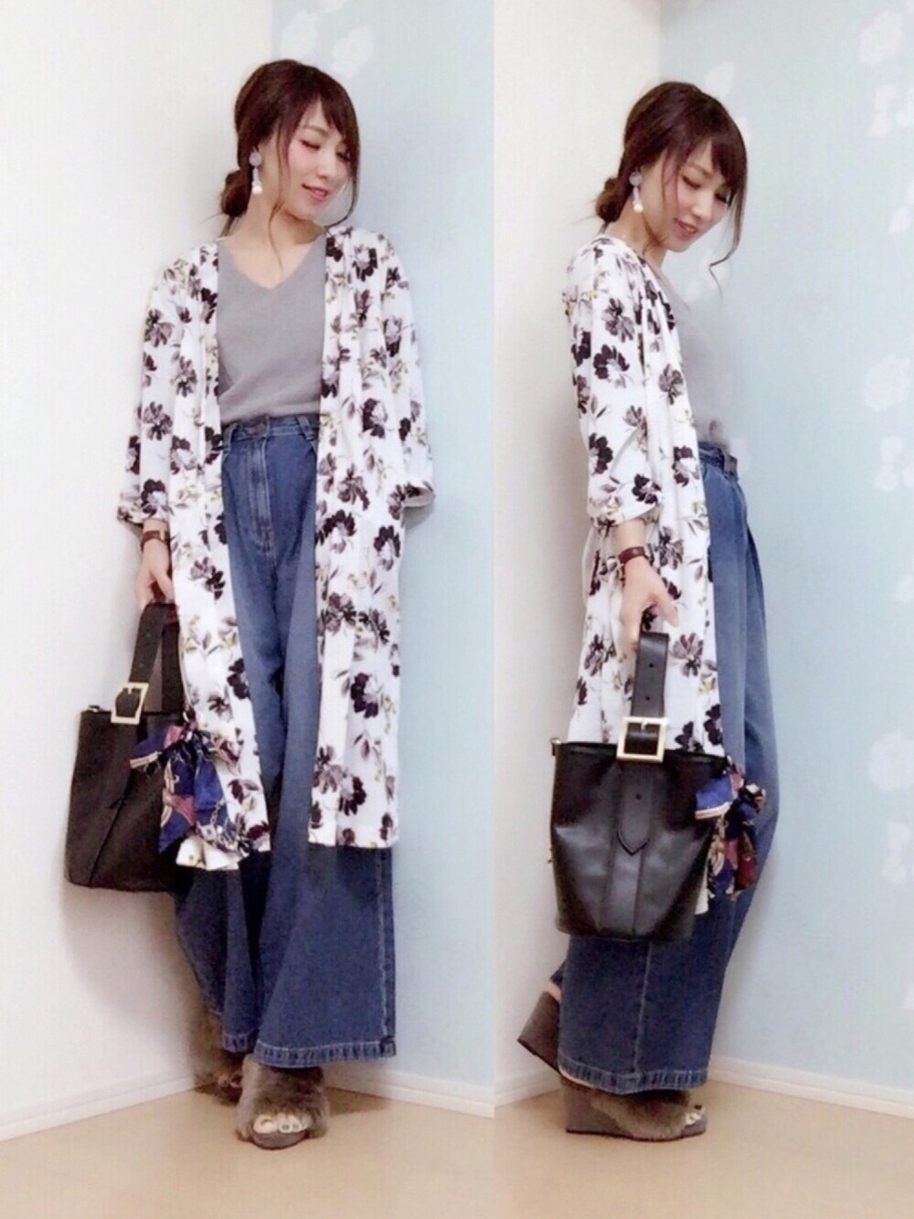 グレー系のニット/セーター、ブルー系のデニムパンツ、ブラック系のショルダーバッグを着用したレディースの春コーディネートの1枚目の写真