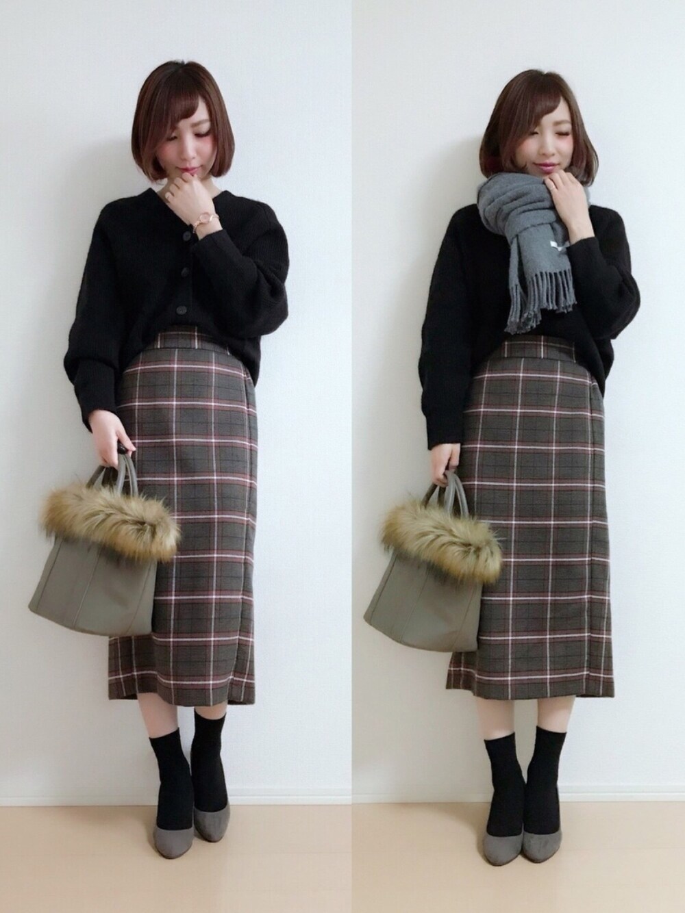「GU、ニット、スカート、JELLY BEANS、パンプス、GIULIETTAVERONA、ジュリエッタヴェローナ、腕時計」｜「LOWRYS FARMのMYストールカラー 551200（ストール/ショール、グレー系）」を使った、MIKUさん（レディース・158cm）の秋コーディネートの1枚目の写真