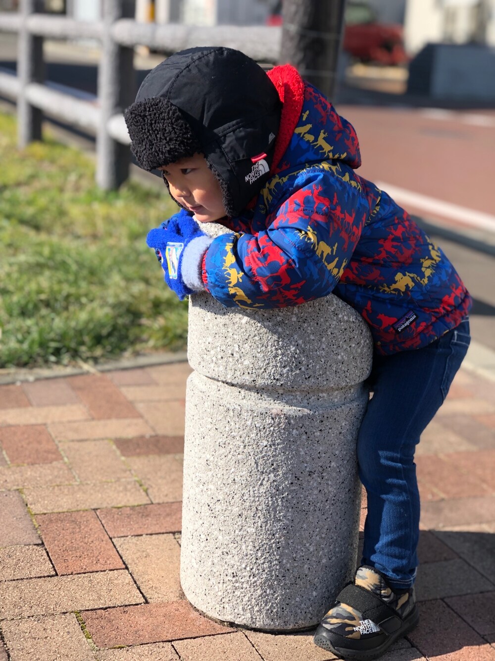 「やっぱりストリートが好き、男の子、カジュアルコーデ、公園、2歳、むすこーで、THE NORTH FACE、patagonia」｜「patagoniaのアイテム（ダウンジャケット/コート、その他）」を使った、fuu__tooさん（キッズ・90cm）の秋コーディネートの1枚目の写真