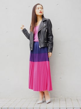 「アイテム（ライダースジャケット）」を使った、ECLINさん（レディース・160cm）の夏コーディネート