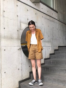 「Ungrid（アングリッド）の【Casual】ﾁﾉﾊｰﾌPT（チノパンツ）」を使った、知久友里恵さん（レディース・164cm）の夏コーディネート