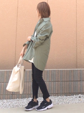 「GLOBAL WORK（グローバルワーク）のミリタリーBIGシャツ長袖/823887（シャツ/ブラウス）」を使った、＊chii＊さん（レディース・156cm）の春コーディネート