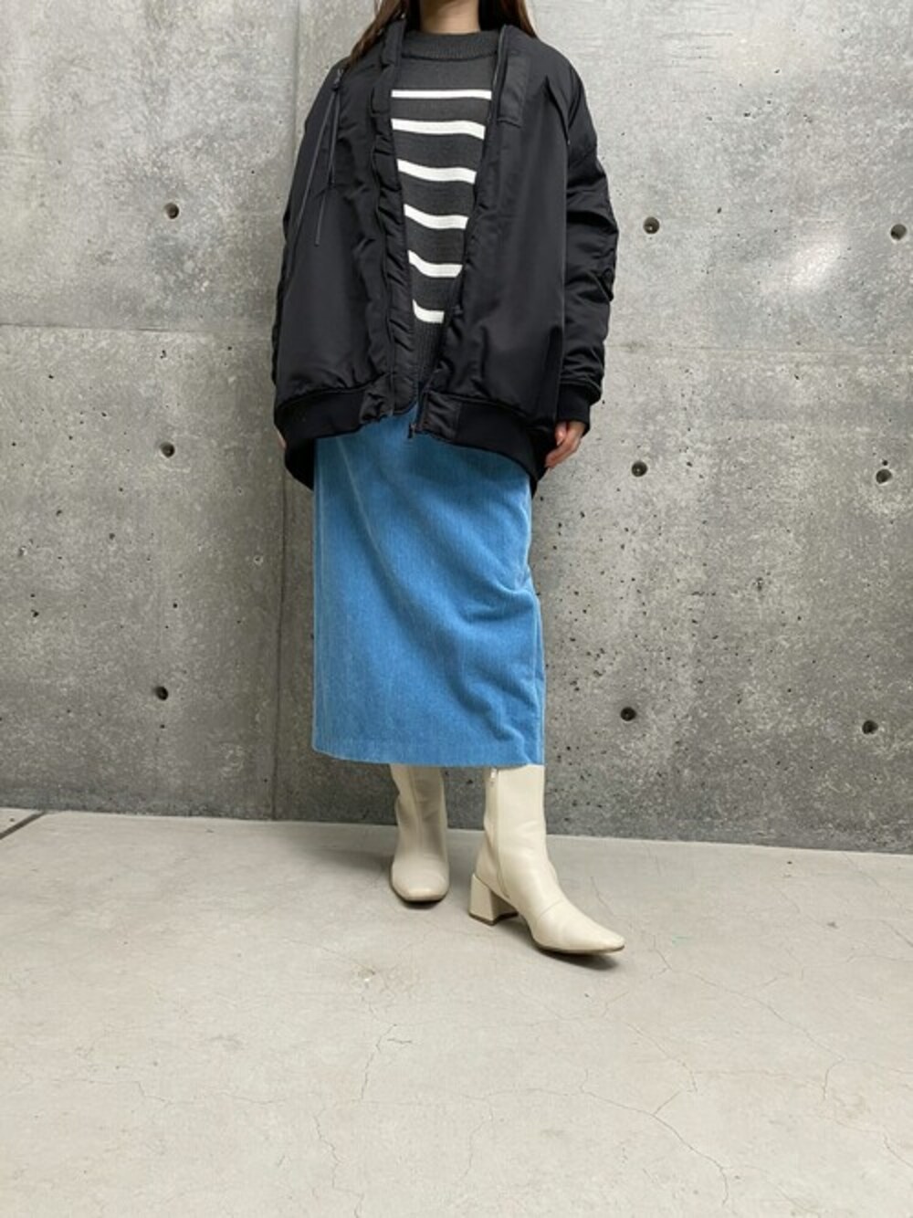 「STYLE DELIのBIGシルエットMA-1／2021（MA-1、ブラック系）」を使った、STYELEDELIさん（レディース・157cm）の冬コーディネートの1枚目の写真