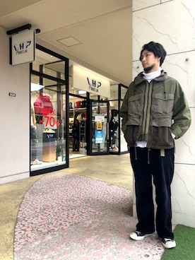 「White Mountaineering」｜「アイテム（マウンテンパーカー）」を使った、ツネマツさん（メンズ・187cm）の冬コーディネート