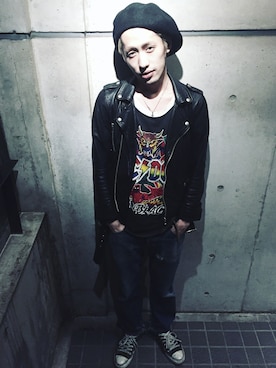 「ロックT」｜「アイテム（ライダースジャケット）」を使った、MINX銀座二丁目店  橋口　建太さん（メンズ・173cm）の冬コーディネート