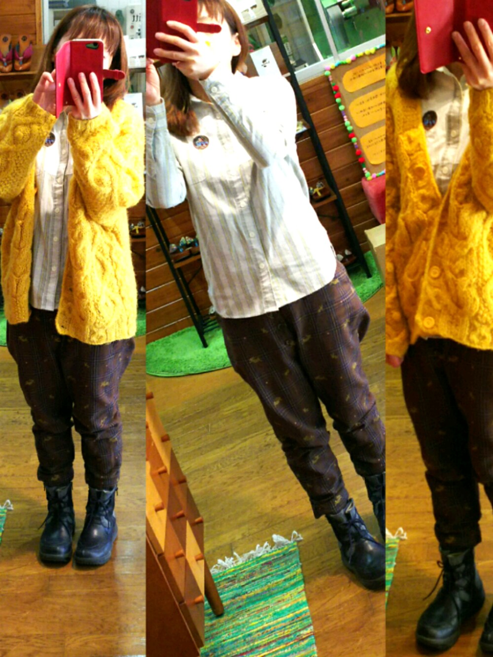 グリーン系のシャツ/ブラウス、ブラウン系のその他パンツ、イエロー系のカーディガン/ボレロを着用したレディースの冬コーディネートの1枚目の写真