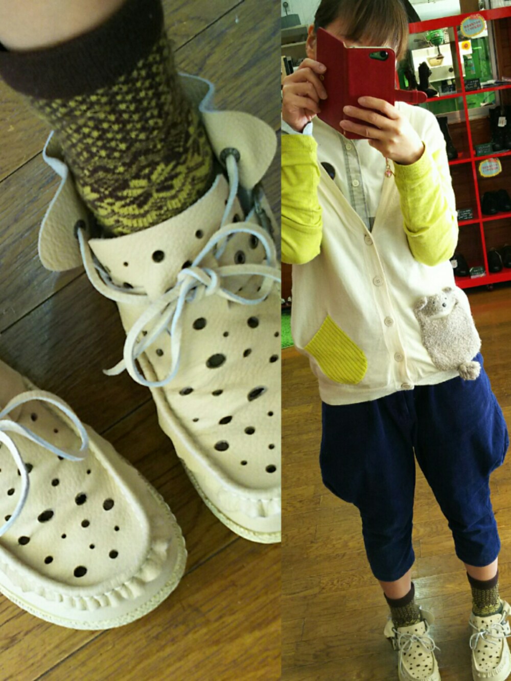 ホワイト系のカーディガン/ボレロ、グリーン系のシャツ/ブラウスを着用したレディースの冬コーディネートの1枚目の写真