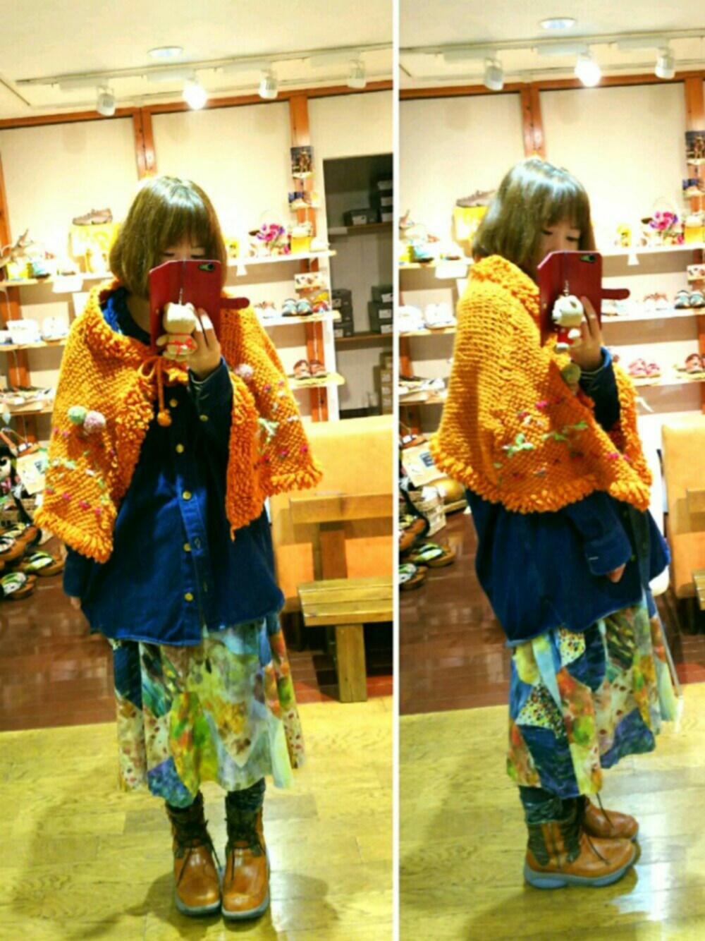 「メルシーボークー、シャツワンピ、デニム、スカート、ビュルデサボン #スカート、ビュルデサボン、古着、古着MIX、カジュアル」｜「古着のアイテム（マフラー、オレンジ系）」を使った、yasuyoさん（レディース・158cm）の冬コーディネートの1枚目の写真