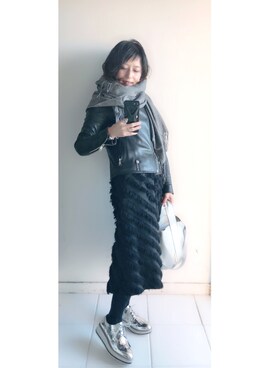 「シルバー」｜「アイテム（ライダースジャケット）」を使った、yukino_yucchinoさん（レディース・151cm）の冬コーディネート