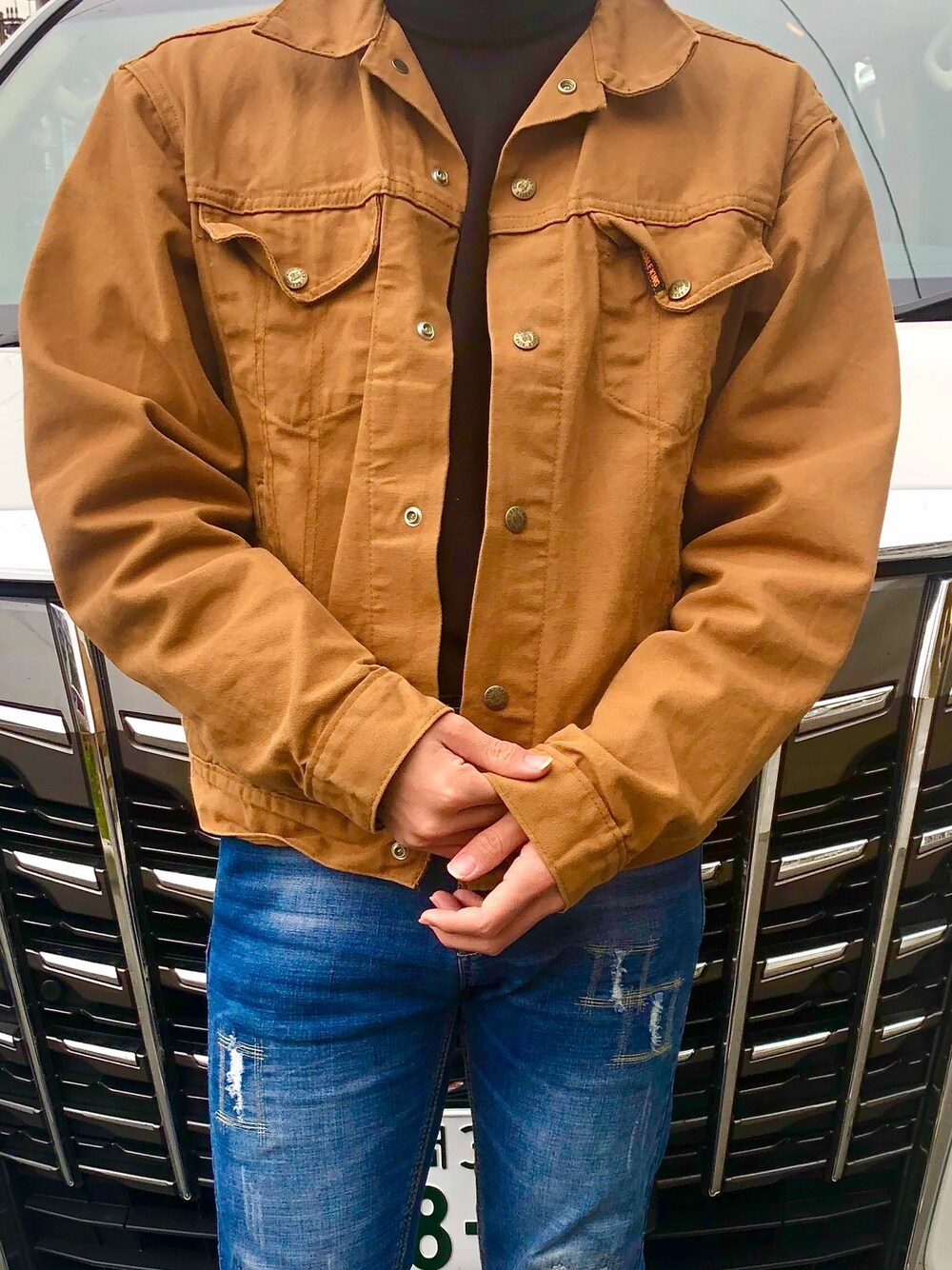 「シンプル、おしゃれさんと繋がりたい、GU、春コーデ、u170、デニムジャケット、デニム」｜「古着のアイテム（デニムジャケット、オレンジ系）」を使った、はなはなまろん「U170」さん（メンズ・168cm）の春コーディネートの1枚目の写真