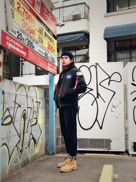「原宿」｜「アイテム（MA-1）」を使った、小林馬場さん（メンズ・183cm）の冬コーディネート