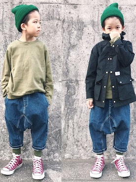 「コンバースハイカット」｜「アイテム（ジャケット/アウター）」を使った、Amatonさん（キッズ・120cm）の秋コーディネート