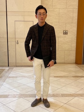 「ビジネス」｜「アイテム（スリッポン）」を使った、飯村淳さん（メンズ・173cm）の秋コーディネート