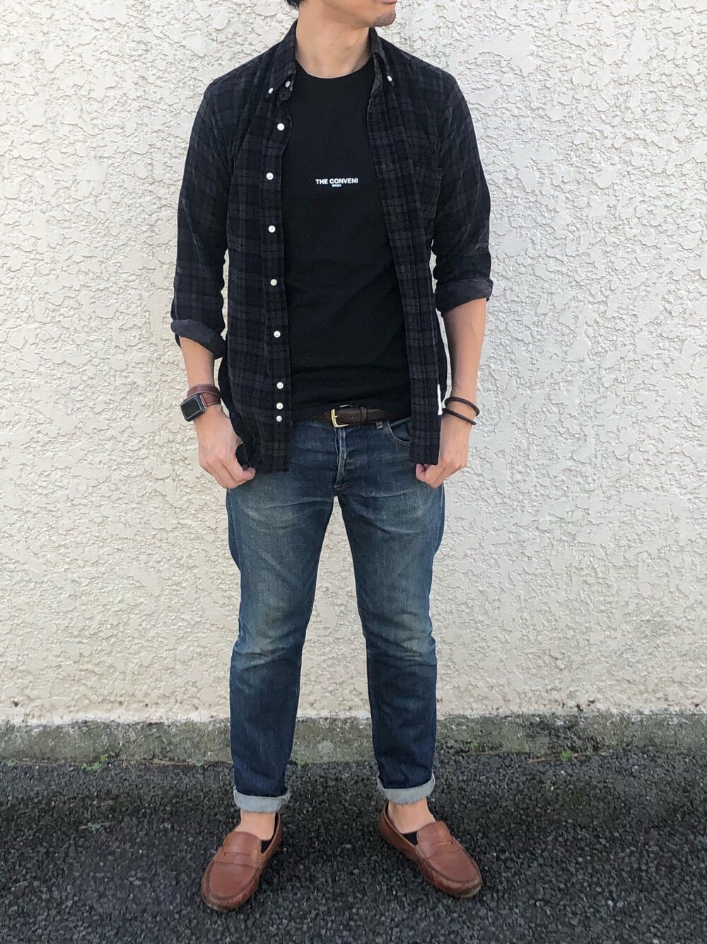 「theconveni、fragmentdesign、THOMBROWNE、APC、APCデニム」｜「A.P.C.のPETIT STANDARD/15OFF プチスタンダード（デニムパンツ、ブルー系）」を使った、tkymst_lさん（メンズ・175cm）の秋コーディネートの1枚目の写真